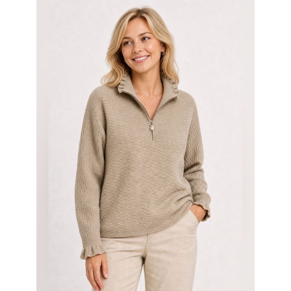 Via Milano Taupe Textured Quarter-Zip Sweater Pearl Pull M